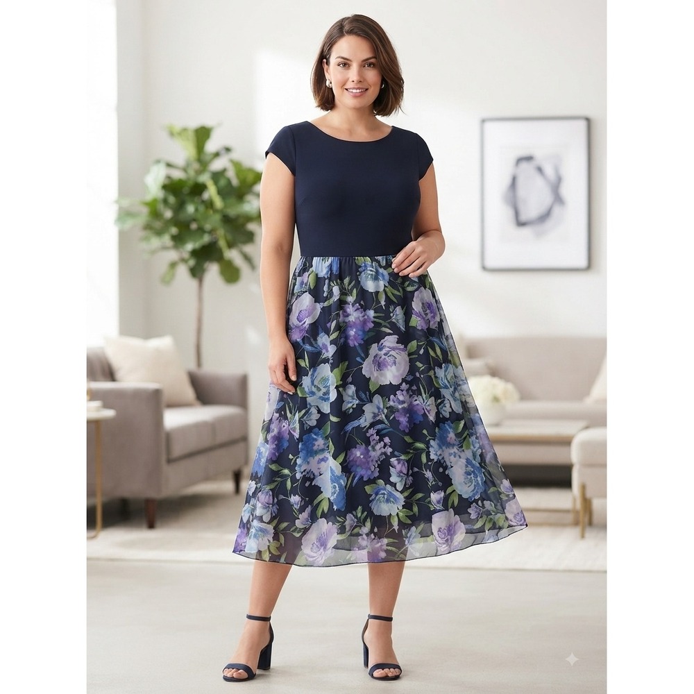 SLNY Navy Blue Floral Chiffon Midi Dress Size 18 Cap Sleeve Fit Flare Pockets